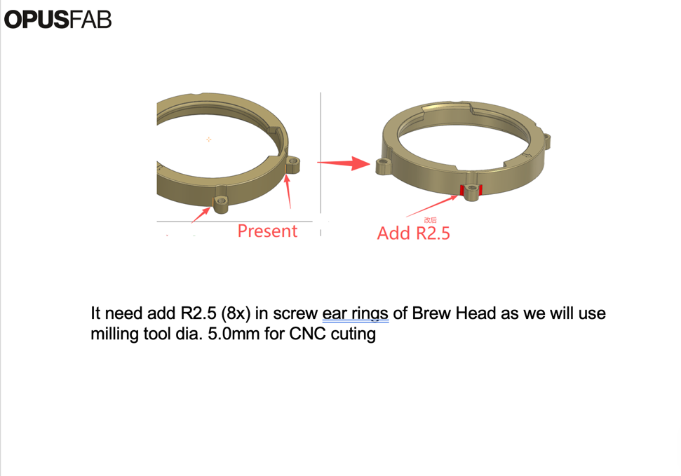 CNC fillet radius example showing where to add R2.5 corner radii to match a 5.0mm milling tool